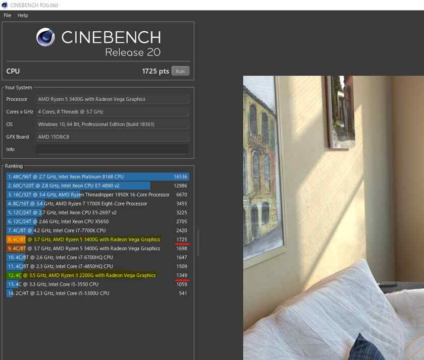 因みに後日、Radion Vega11搭載のRyzen 5 3400G(4C8T)に換装後、CINEBENCH R20を実行したら、1725 ptsで、78%もスコアが向上しました。
時間の都合でVLOGで残すか分かりませんが、Ryzen 5 3400Gに換装後、動画エンコードが劇速くなり、また、APEXもFHD画質でヌルサクとまではいかなくとも、快適に動作してくれるようになりました。