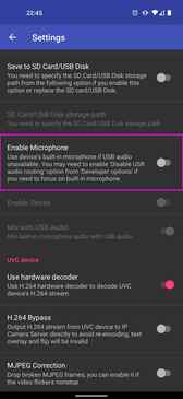 ここで、「Enable Microphone」をオフにします。 ここはPixel 4a(5G)本体のマイクを使うかどうかの設定で、音声はZV-E10のを使いたいのでオフにしてます。