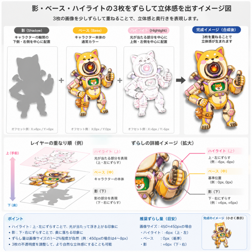 WatchFaceの立体感を出すためのハイライト、元画像、影の3枚の画像の解説